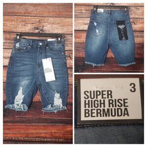 NWT Almost Famous 3 Super High Rise Bermuda Jean Shorts Distressed Blue Denim